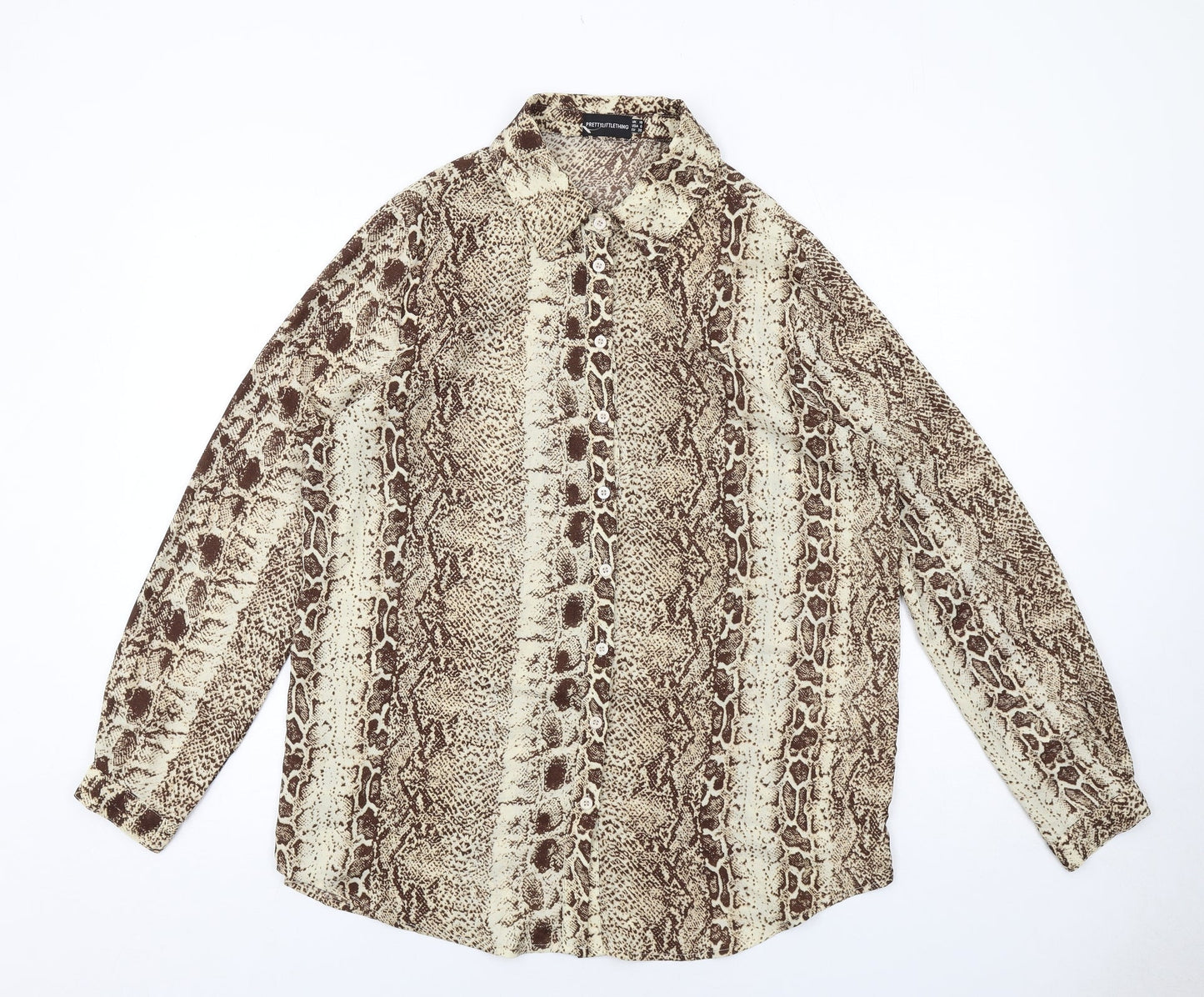 PRETTYLITTLETHING Womens Beige Animal Print Polyester Basic Button-Up Size 10 Collared - Snake Skin Pattern
