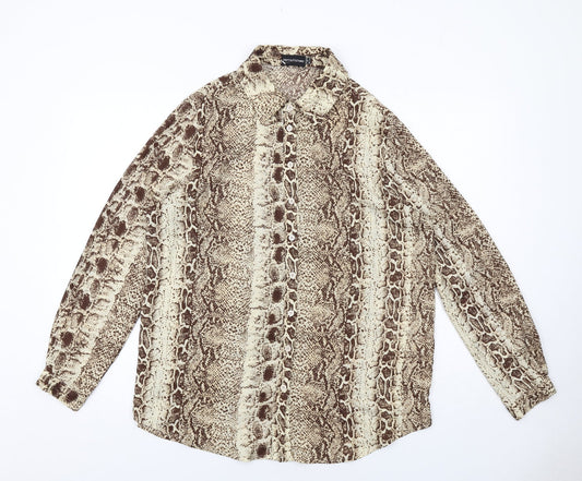 PRETTYLITTLETHING Womens Beige Animal Print Polyester Basic Button-Up Size 10 Collared - Snake Skin Pattern