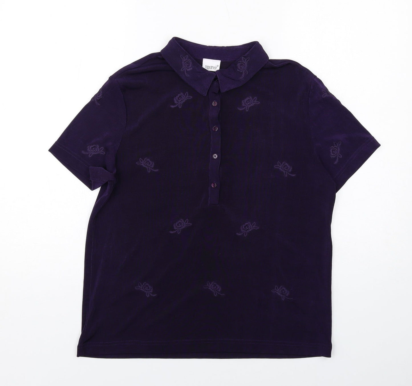 Together Womens Purple Floral Polyester Basic Polo Size 14 Collared