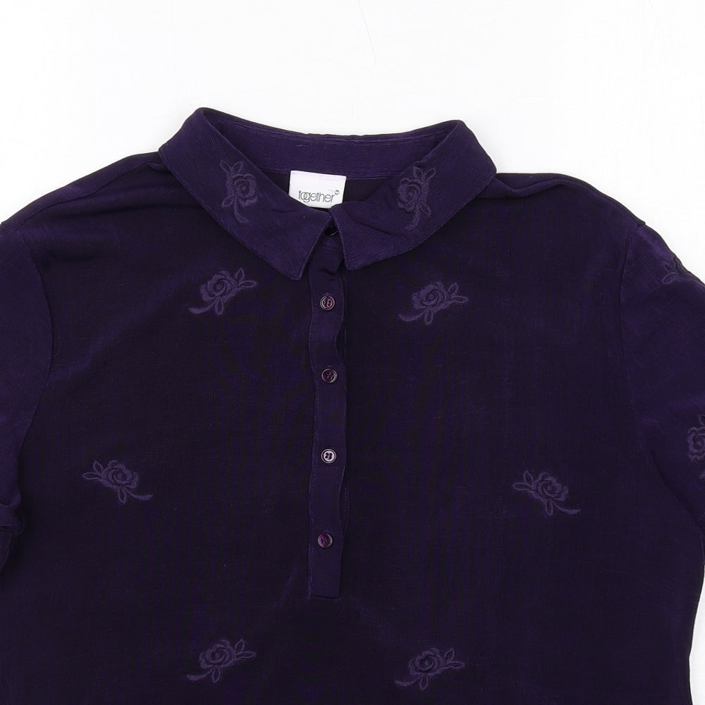 Together Womens Purple Floral Polyester Basic Polo Size 14 Collared