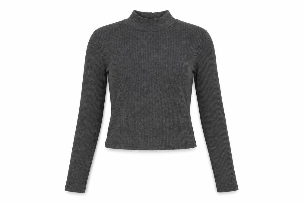 Pull&Bear Womens Grey Polyester Basic T-Shirt Size S Mock Neck