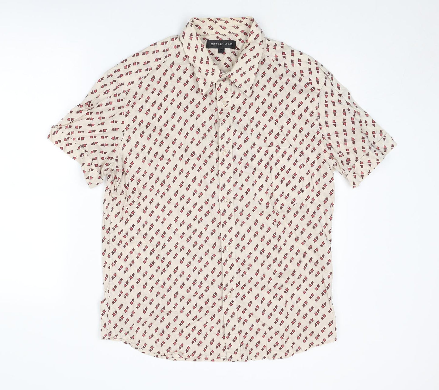 Great Plains Mens Beige Geometric Cotton Button-Up Size L Collared Button