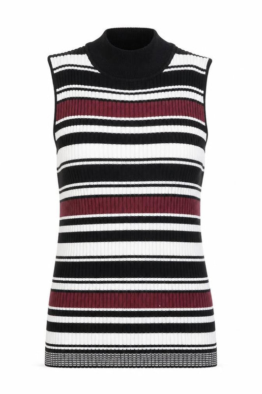 Front view of Miss Selfridge women’s multicoloured mock neck striped viscose jumper, size UK 12, - ribbed