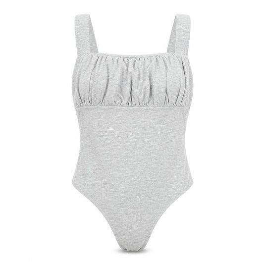 Front view of Missguided women’s grey viscose bodysuit one-piece, size UK 12, snap