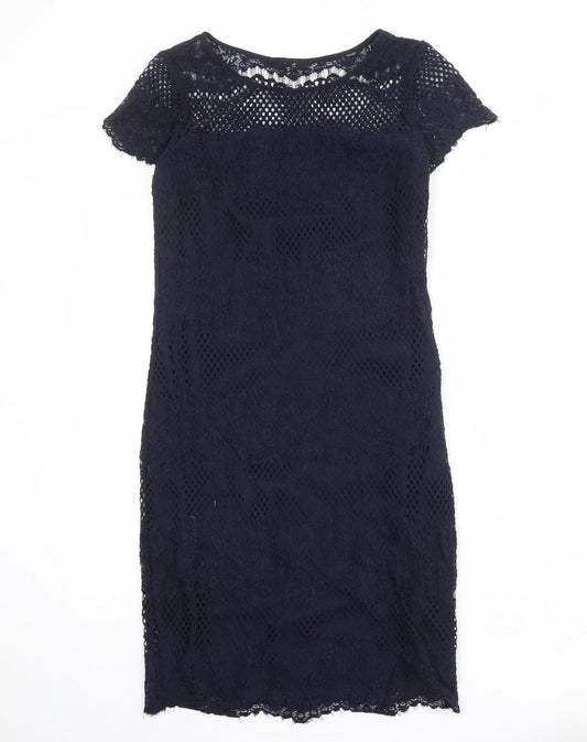 NEXT Womens Blue Polyester Pencil Dress Size 10 Boat Neck Pullover - Crochet Overlay