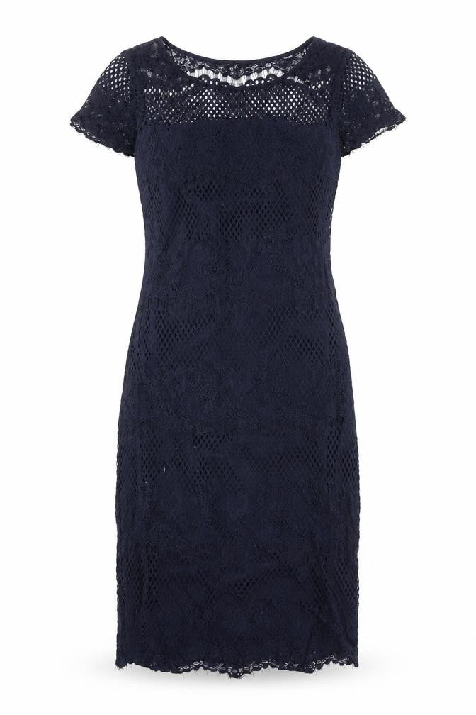 NEXT Womens Blue Polyester Pencil Dress Size 10 Boat Neck Pullover - Crochet Overlay