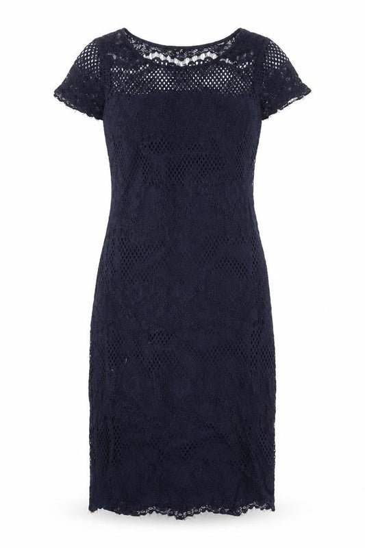 Next Womens Blue Polyester Pencil Dress Size 10 Boat Neck Pullover - Crochet Overlay