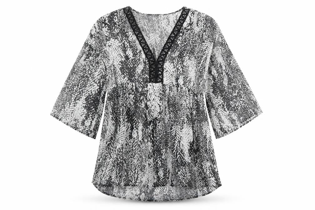 Marks & Spencer Womens Grey Geometric Polyester Basic Blouse Size 8 V-Neck