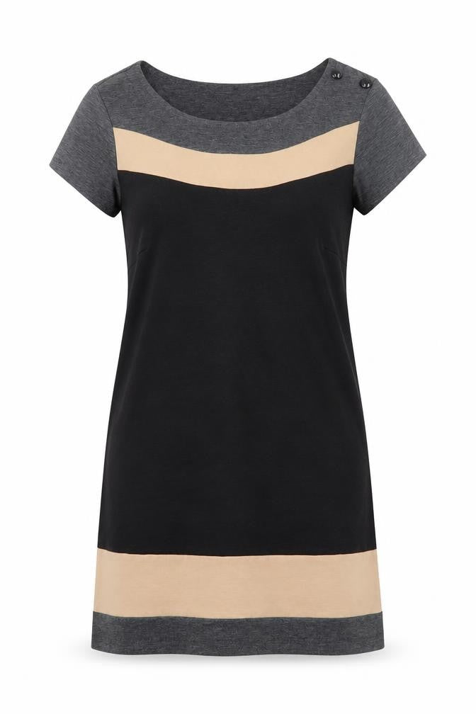 BHS Womens Black Colourblock Polyester Shirt Dress Size 10 Round Neck Button