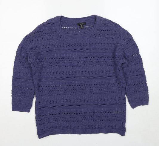 M&Co Womens Blue Round Neck Cotton Pullover Jumper Size 10