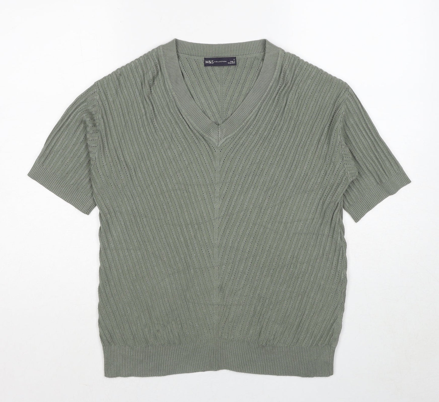Marks and Spencer Womens Green Viscose Basic T-Shirt Size S V-Neck