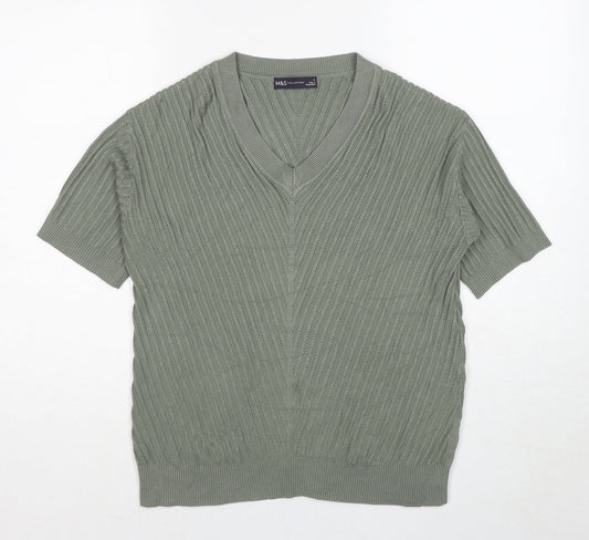 Marks and Spencer Womens Green Viscose Basic T-Shirt Size S V-Neck