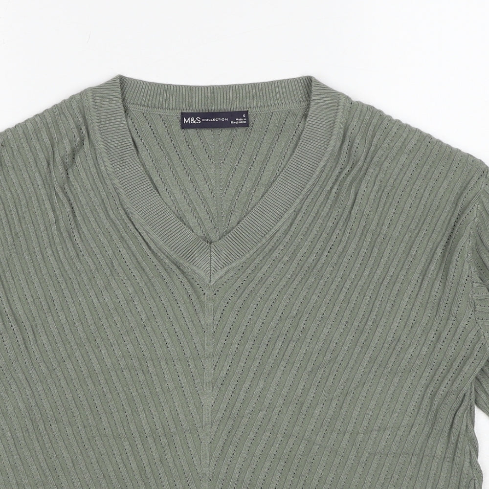 Marks and Spencer Womens Green Viscose Basic T-Shirt Size S V-Neck