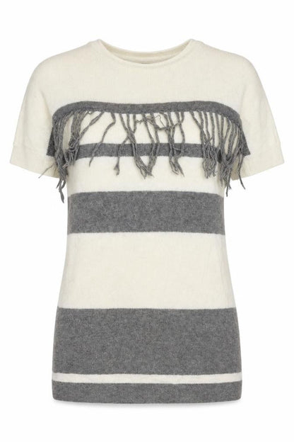 Front view of French Connection women’s ivory round neck striped wool jumper, size S