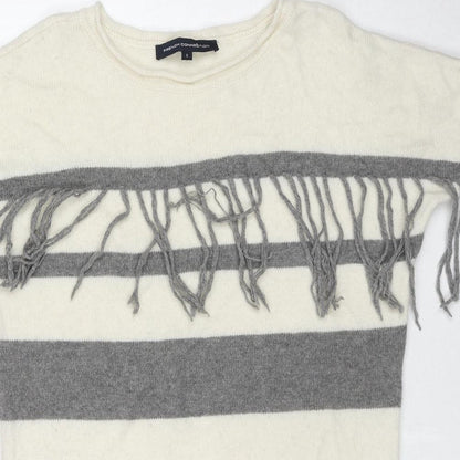 Close-up detail of French Connection women’s ivory round neck striped wool jumper, size S