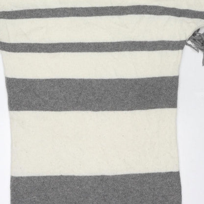 Brand and care label for French Connection women’s ivory round neck striped wool jumper, size S
