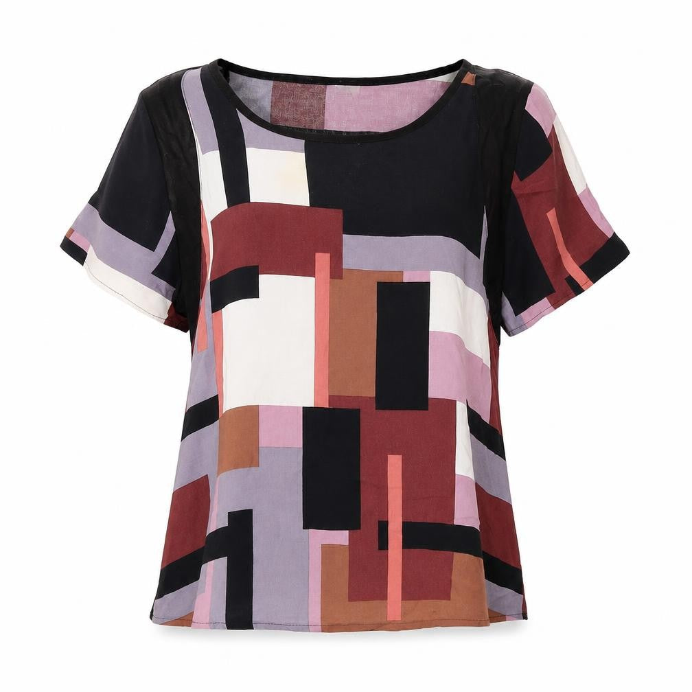 Infront Womens Multicoloured Geometric Viscose Basic T-Shirt Size M Round Neck