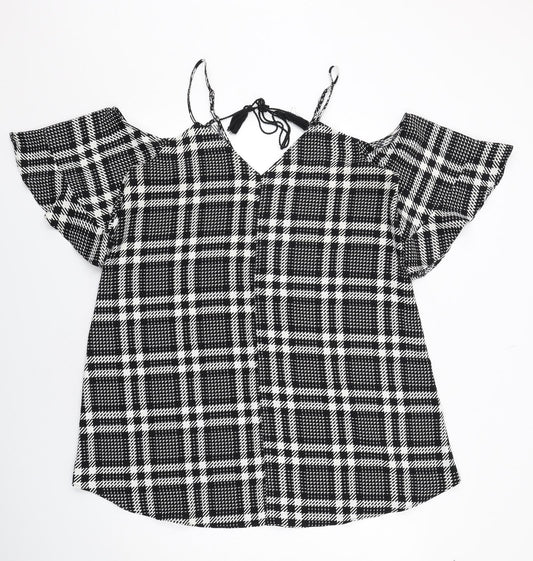River Island Womens Black Plaid Polyester Trapeze & Swing Size 16 V-Neck Pullover - Cold Shoulder Detail