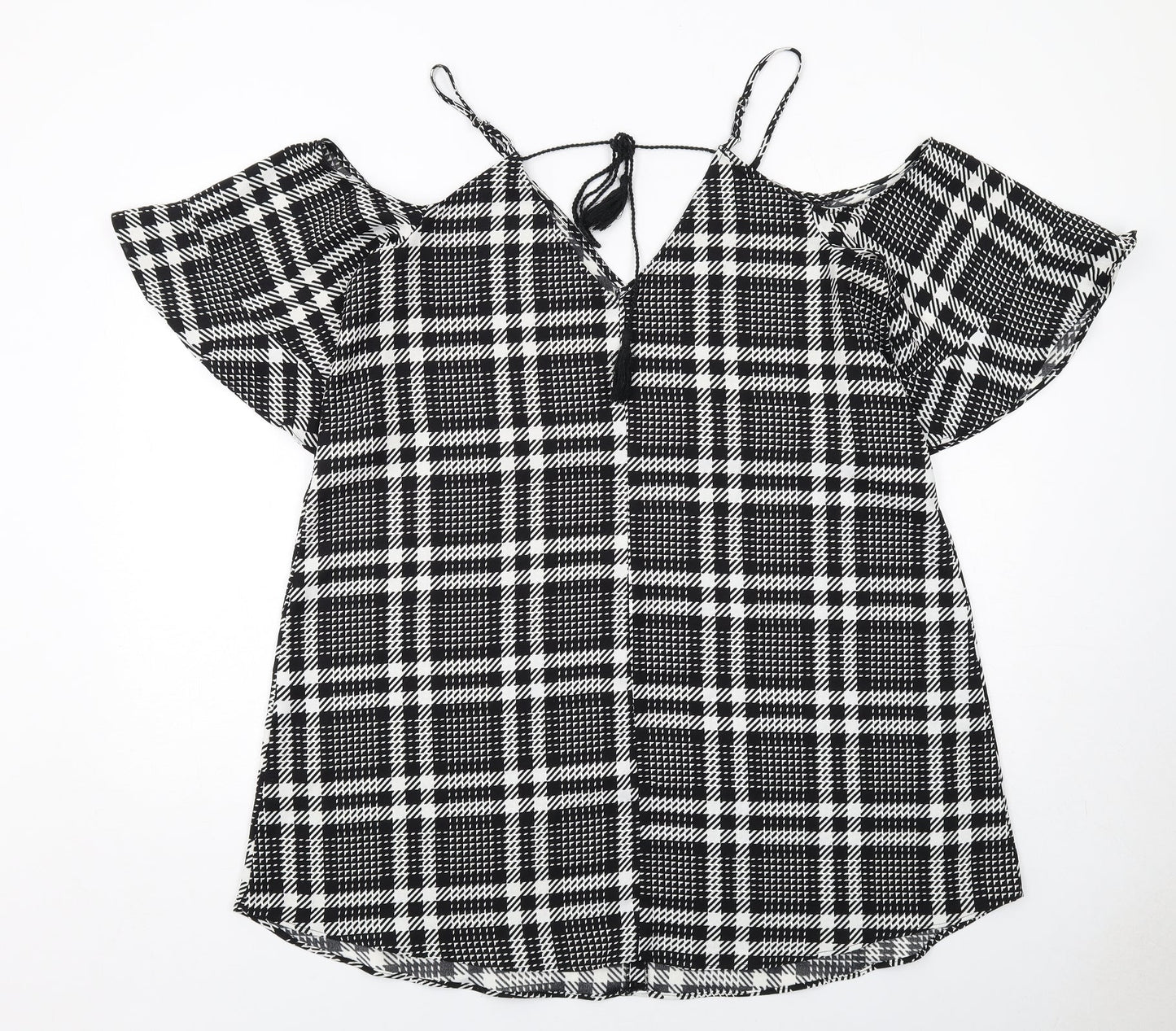River Island Womens Black Plaid Polyester Trapeze & Swing Size 16 V-Neck Pullover - Cold Shoulder Detail