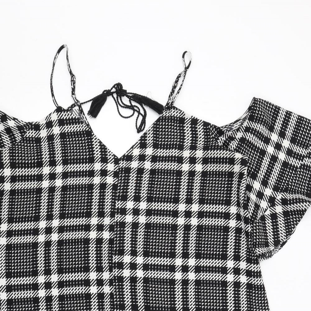 River Island Womens Black Plaid Polyester Trapeze & Swing Size 16 V-Neck Pullover - Cold Shoulder Detail