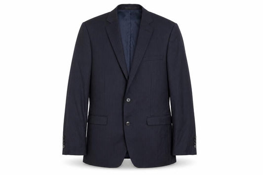 Front view of French Connection men’s black striped wool jacket suit jacket, size 38, regular