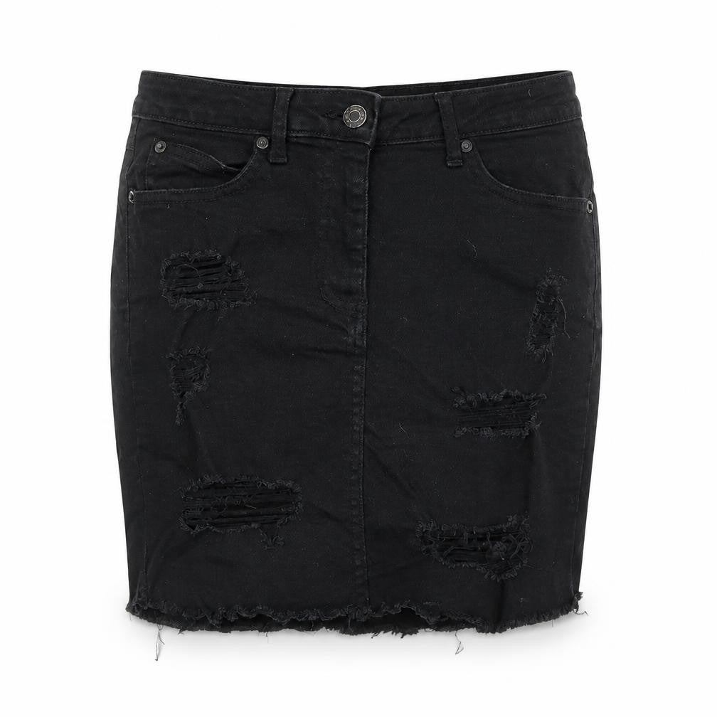 New Look Womens Black Cotton A-Line Skirt Size 8 Zip - Distressed look
