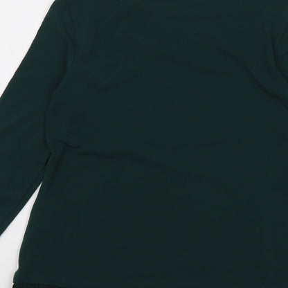 Brand and care label for ESPRIT women’s green polyester basic blouse, size M, boat neck