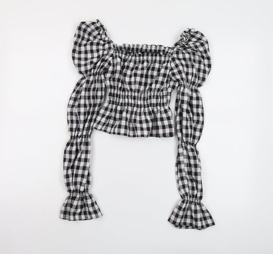 H&M Womens Black Check Polyester Cropped Blouse Size 2XS Square Neck - Puff Sleeve