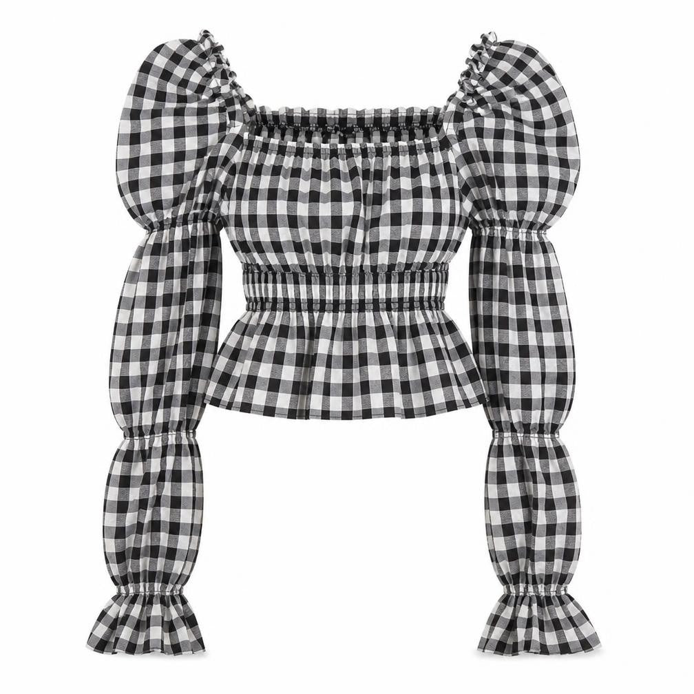 H&M Womens Black Check Polyester Cropped Blouse Size 2XS Square Neck - Puff Sleeve