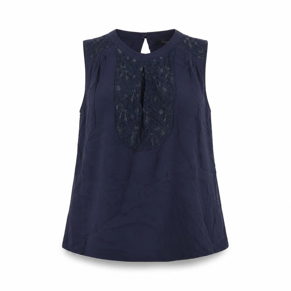 Oasis Womens Blue Viscose Basic Blouse Size 8 Round Neck - Lace Detail