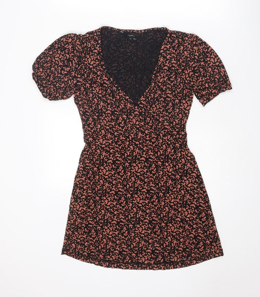 NEXT Womens Brown Geometric Polyester A-Line Size 8 V-Neck Pullover