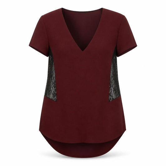 Zara Womens Red Polyester Basic Blouse Size S V-Neck - Lace Insert