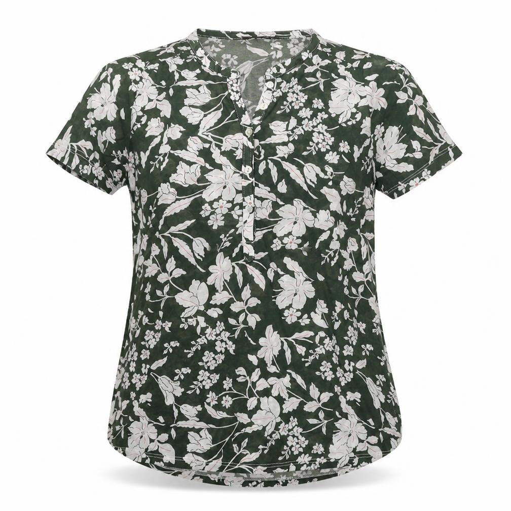 Encuentro Womens Green Floral Polyester Basic Blouse Size S V-Neck