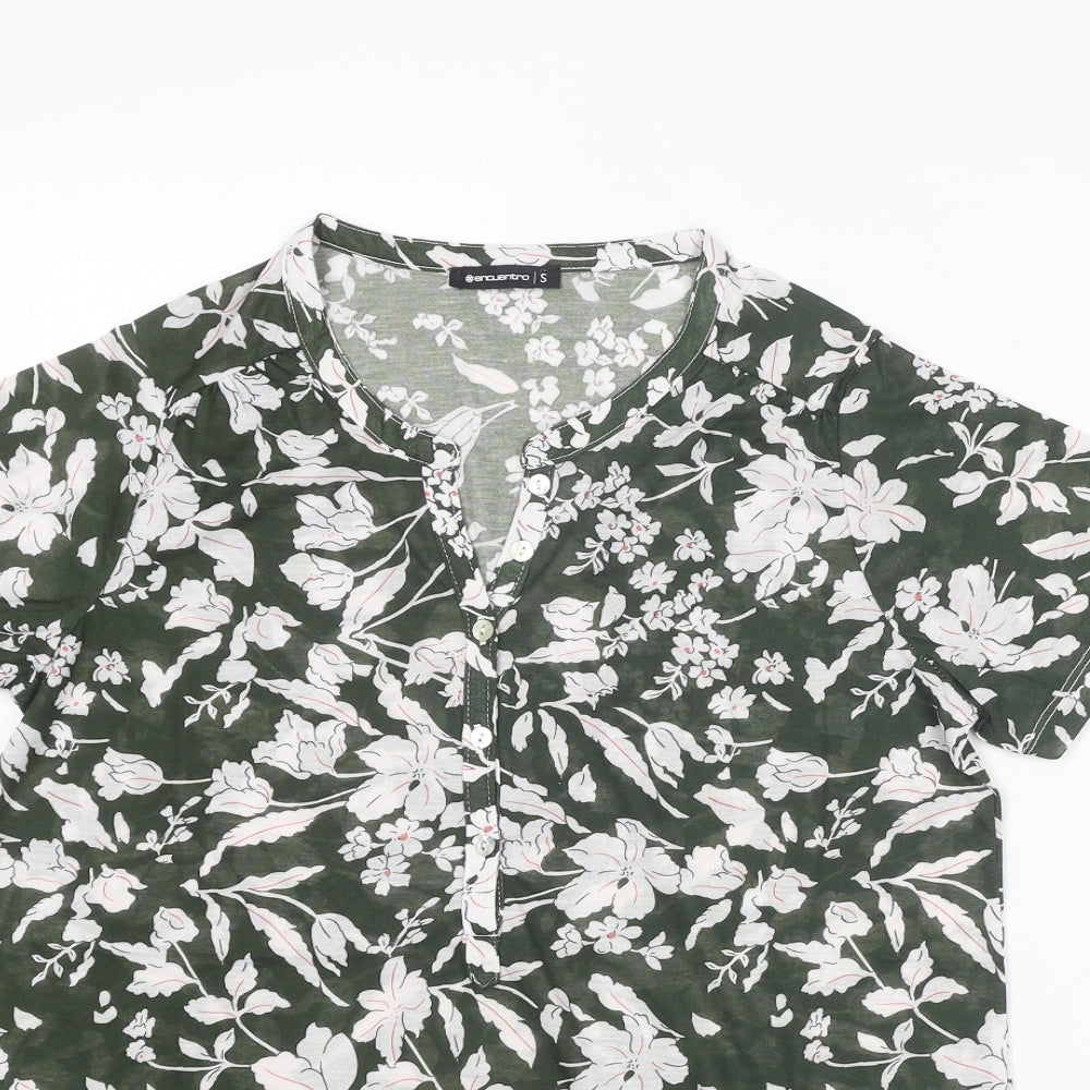 Encuentro Womens Green Floral Polyester Basic Blouse Size S V-Neck