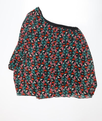 Back view of Be Beau women’s multicoloured geometric polyester basic blouse, size UK 14, one shoulder