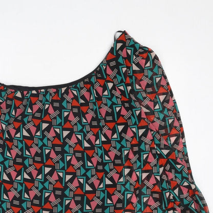 Close-up detail of Be Beau women’s multicoloured geometric polyester basic blouse, size UK 14, one shoulder