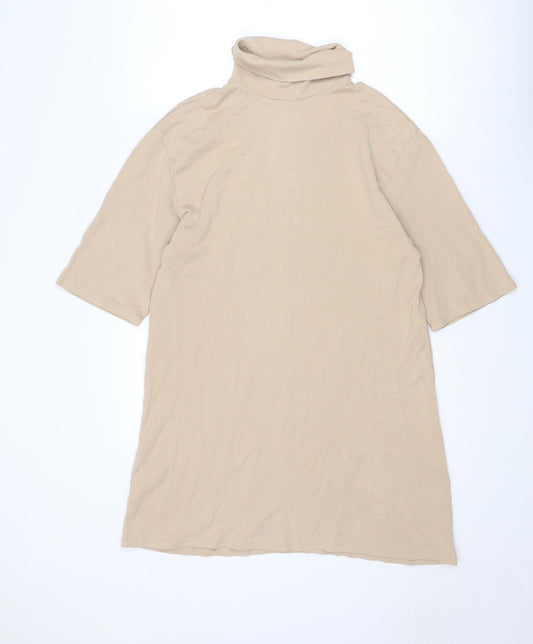 Zara Womens Beige Cotton Jumper Dress Size M Roll Neck Pullover
