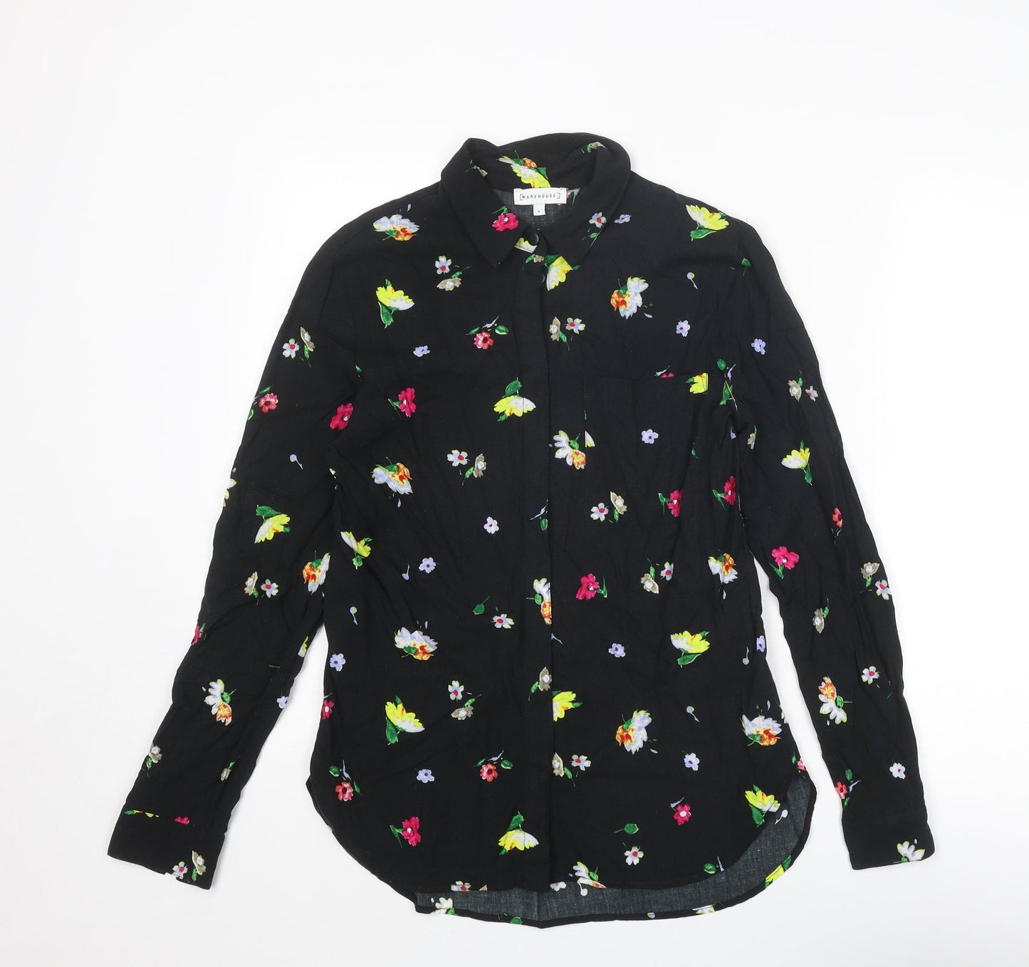 Warehouse Womens Black Floral Viscose Basic Button-Up Size 8 Collared