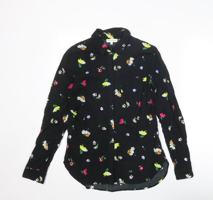 Warehouse Womens Black Floral Viscose Basic Button-Up Size 8 Collared