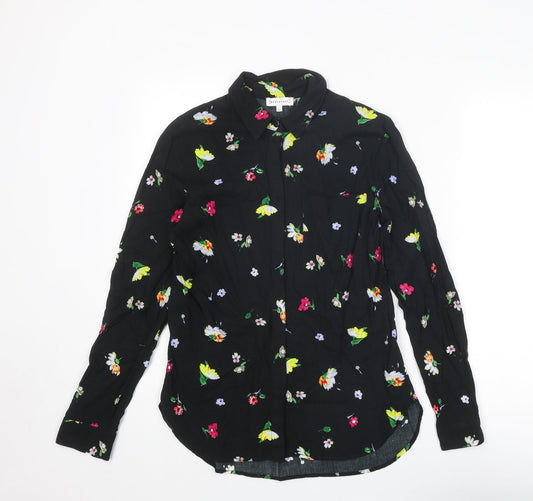 Warehouse Womens Black Floral Viscose Basic Button-Up Size 8 Collared