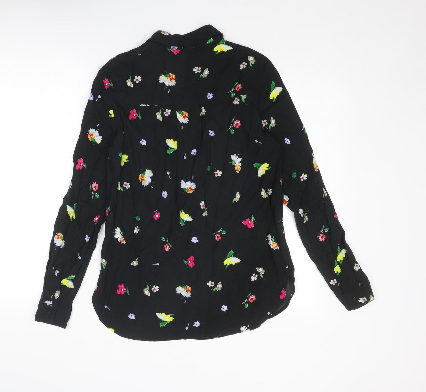 Warehouse Womens Black Floral Viscose Basic Button-Up Size 8 Collared