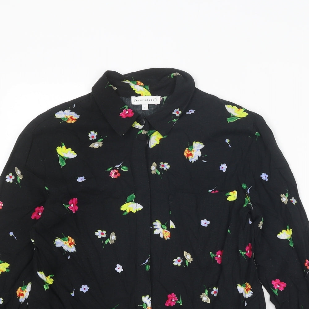 Warehouse Womens Black Floral Viscose Basic Button-Up Size 8 Collared