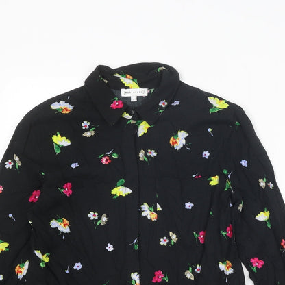 Warehouse Womens Black Floral Viscose Basic Button-Up Size 8 Collared