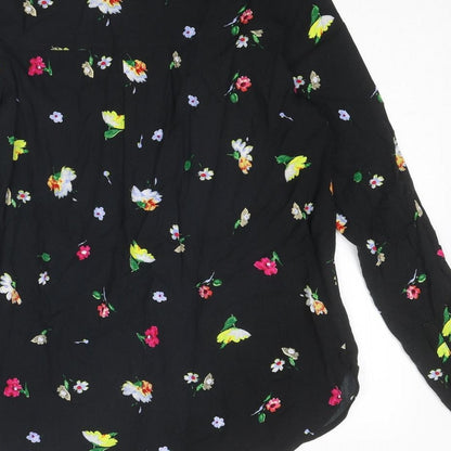 Warehouse Womens Black Floral Viscose Basic Button-Up Size 8 Collared