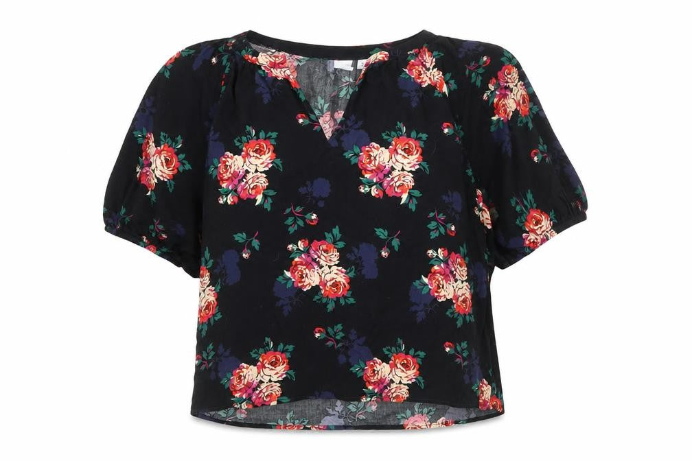 Gap Womens Black Floral Viscose Basic Blouse Size M V-Neck