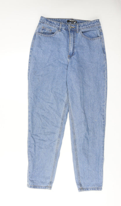 Additional front view of Missguided women’s blue cotton mom jeans, size UK 6, regular zip