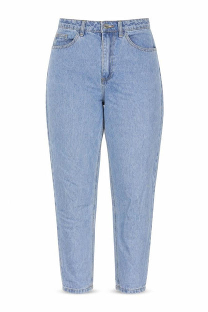 Front view of Missguided women’s blue cotton mom jeans, size UK 6, regular zip