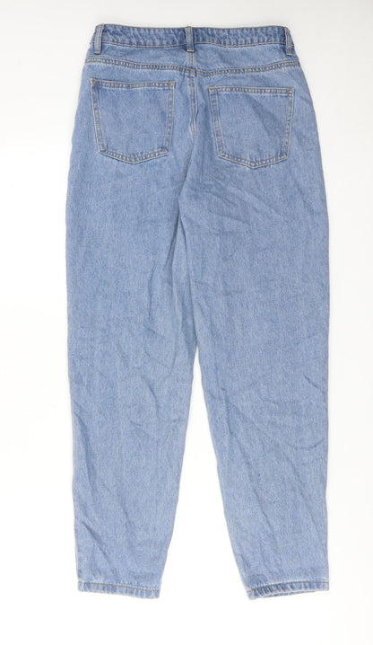 Back view of Missguided women’s blue cotton mom jeans, size UK 6, regular zip
