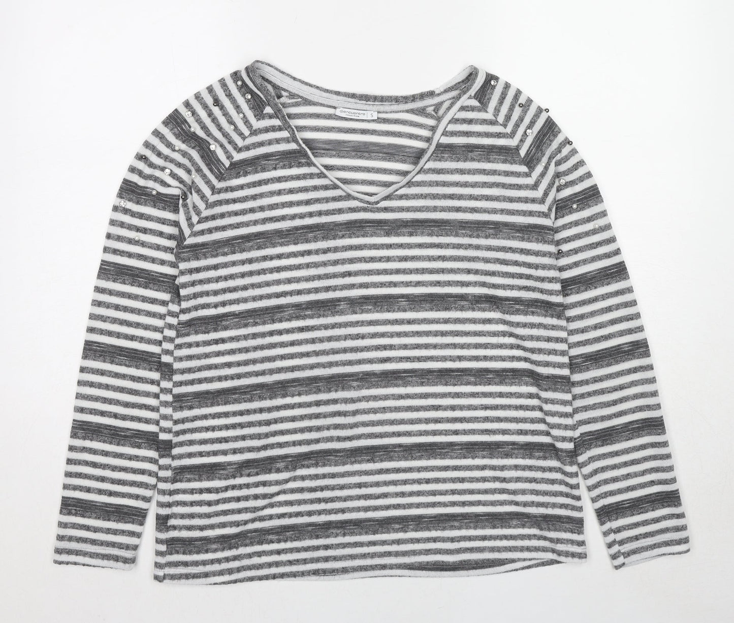 Encuentro Womens Grey V-Neck Striped Polyester Pullover Jumper Size S