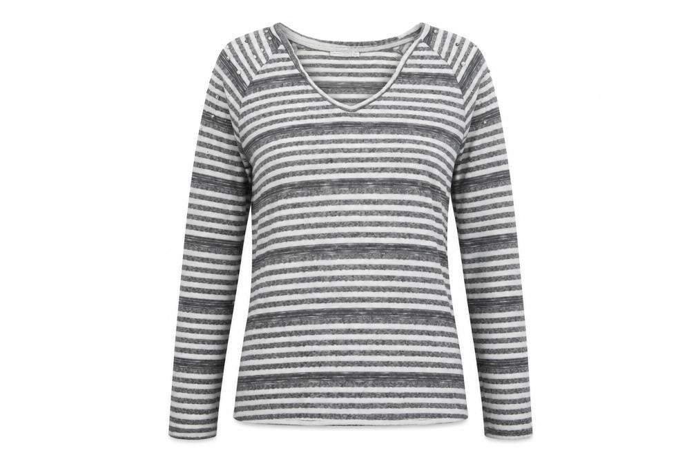 Encuentro Womens Grey V-Neck Striped Polyester Pullover Jumper Size S